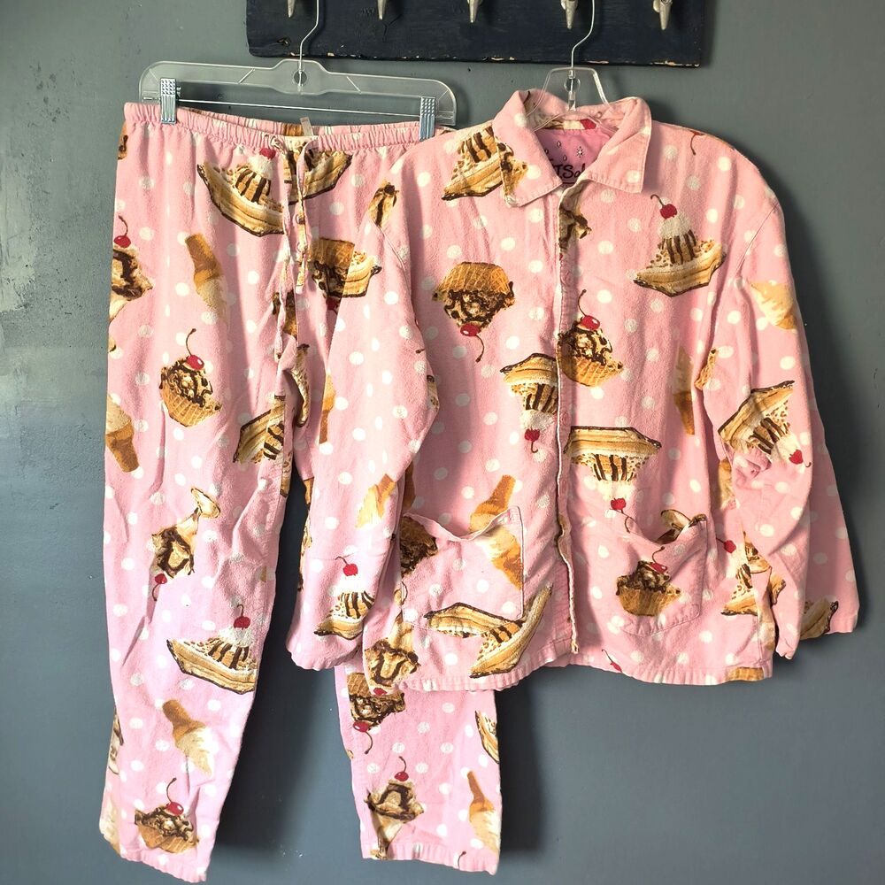 PJ Salvage Pajama Set Womens M Pink Multi Flannel Ice Cream Cozy Sleep Lounge